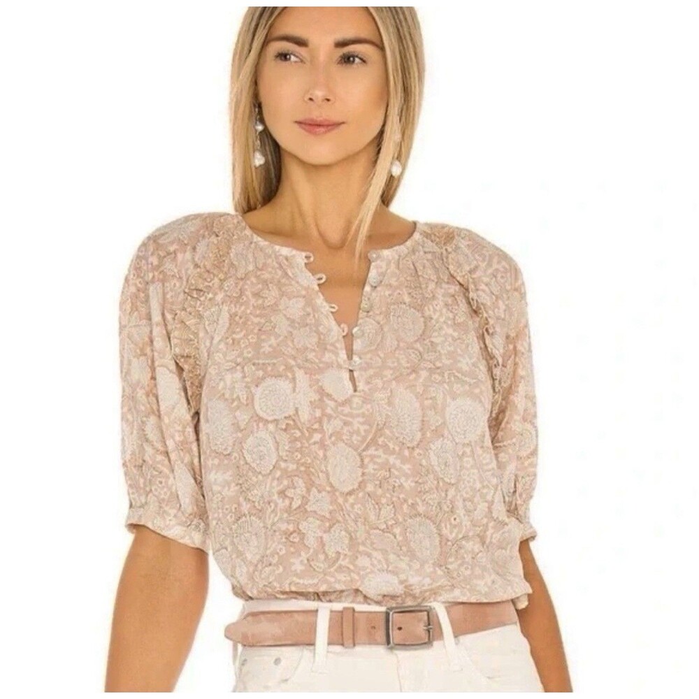 Cleobella Cream Taupe Floral Top Buttoned Neckline Size S Ruffled Puff Sleeves